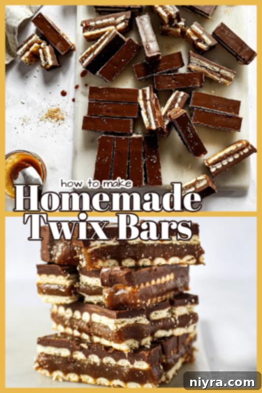 Triple Layer Chocolate Caramel Delight 11 A stack of perfectly cut homemade Twix bars on a plate, ready to be enjoyed.