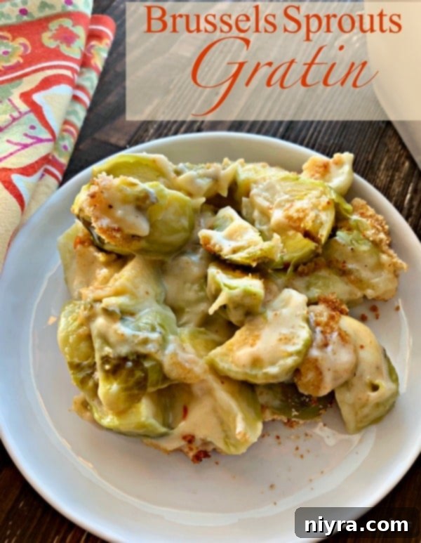 Serving of Brussels Sprouts Gratin on a white plate
