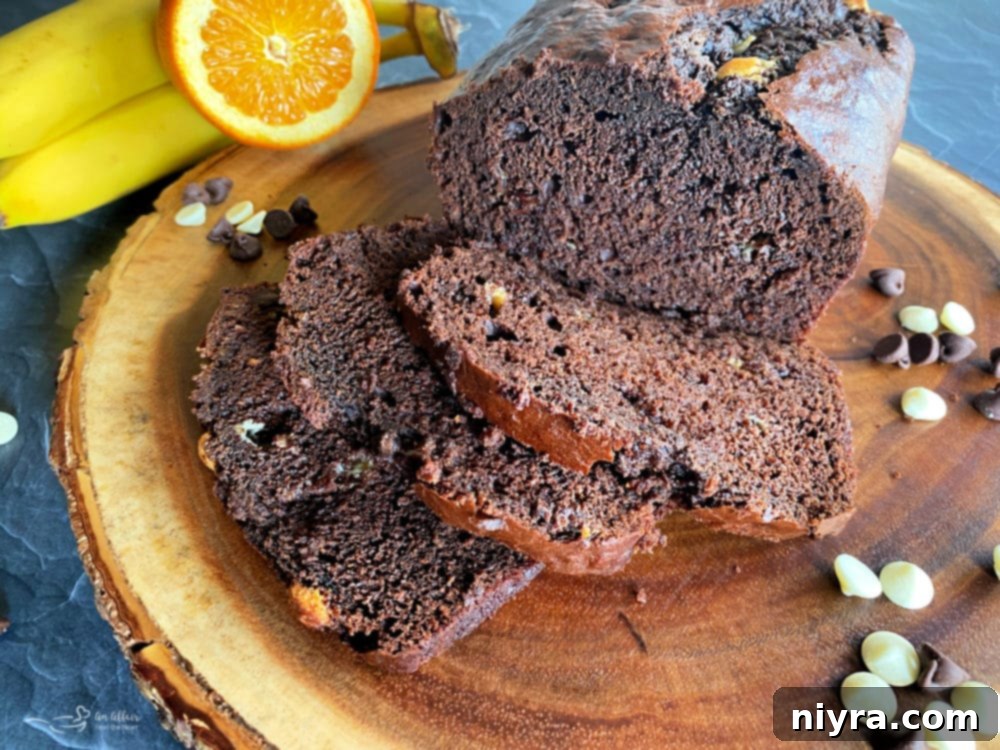 Close-up of freshly baked Chocolate Orange Banana Bread slices