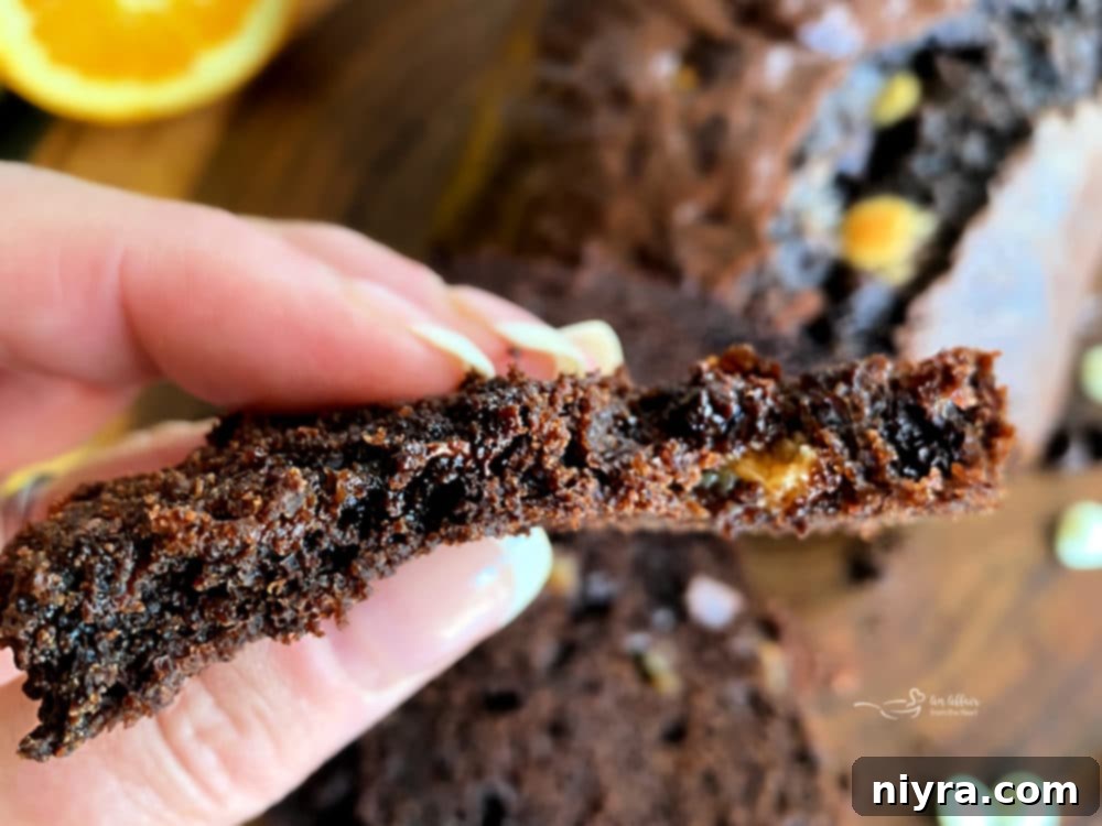 Another view of the moist Chocolate Orange Banana Bread, showing the dense crumb