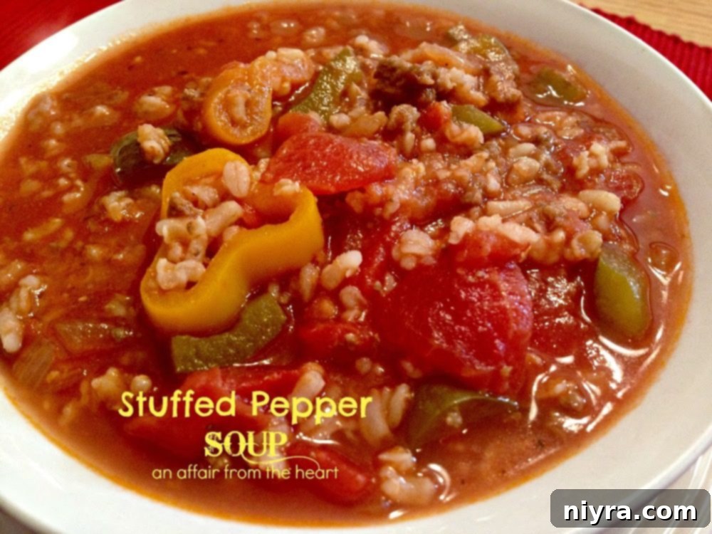 Unstuffed Pepper Soup 14 A close-up view of Stuffed Pepper Soup in a white bowl, ready to be savored.