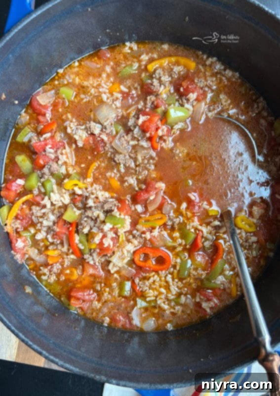 Unstuffed Pepper Soup 4 A steaming bowl of Stuffed Pepper Soup, garnished with fresh herbs, showcasing its rich texture and inviting warmth.