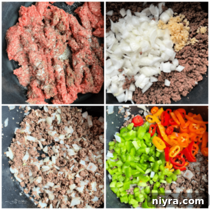 Unstuffed Pepper Soup 7 Step-by-step image showing how to add onion and garlic to browned ground beef in a Dutch oven.