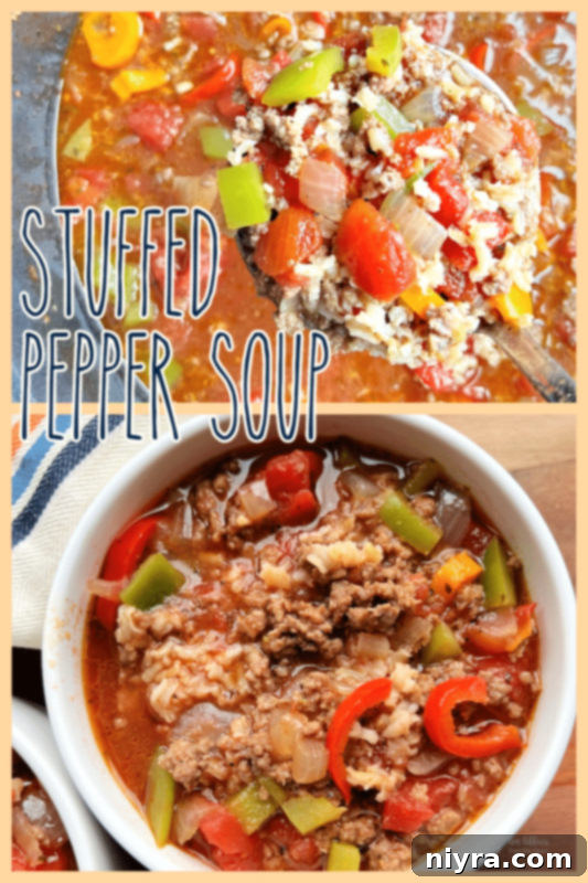 Unstuffed Pepper Soup 9 A bowl of delicious Stuffed Pepper Soup, emphasizing its rich, comforting nature.