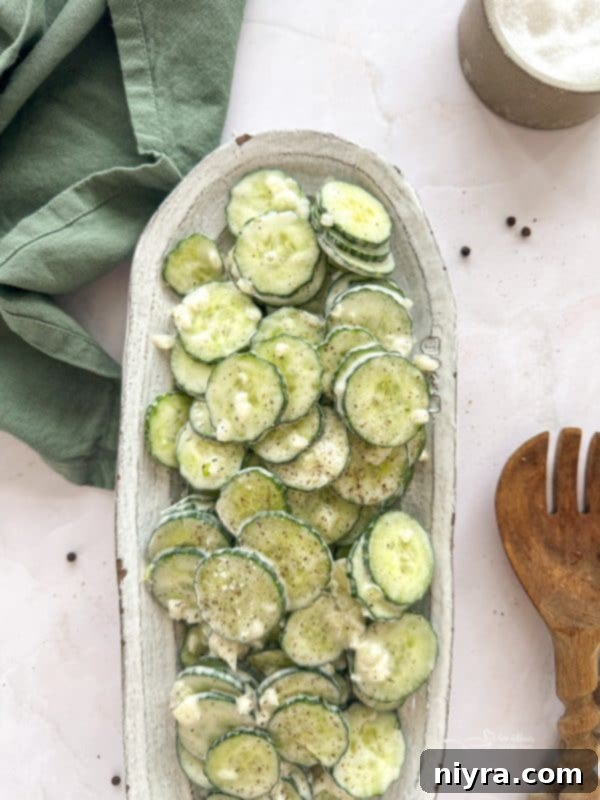 Crisp Cucumber Ranch Salad 2 Freshly prepared Cucumber Ranch Salad in a serving bowl.