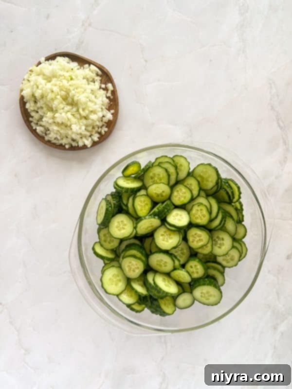 Crisp Cucumber Ranch Salad 6 Ingredients laid out for making cucumber ranch salad.