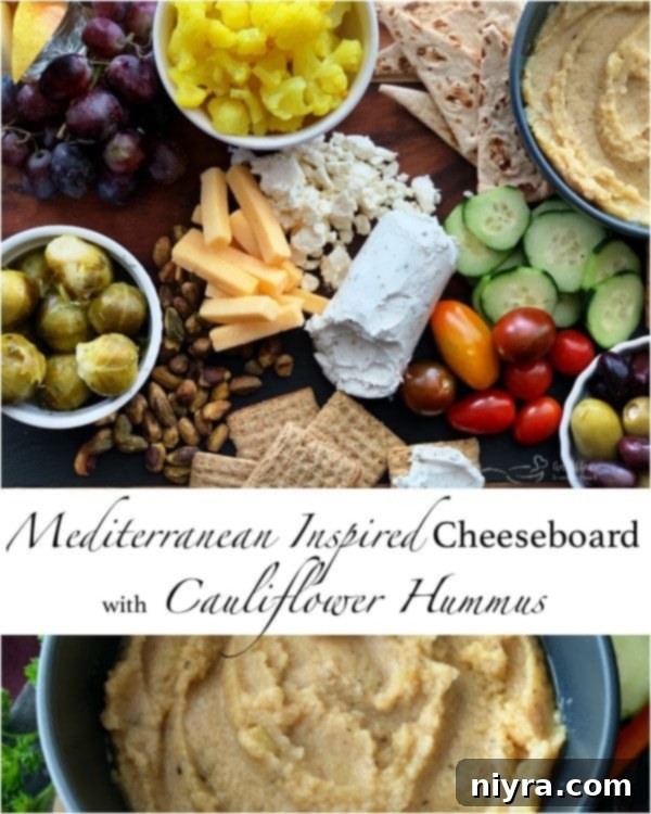 Completed Mediterranean Inspired Cheeseboard with Cauliflower Hummus