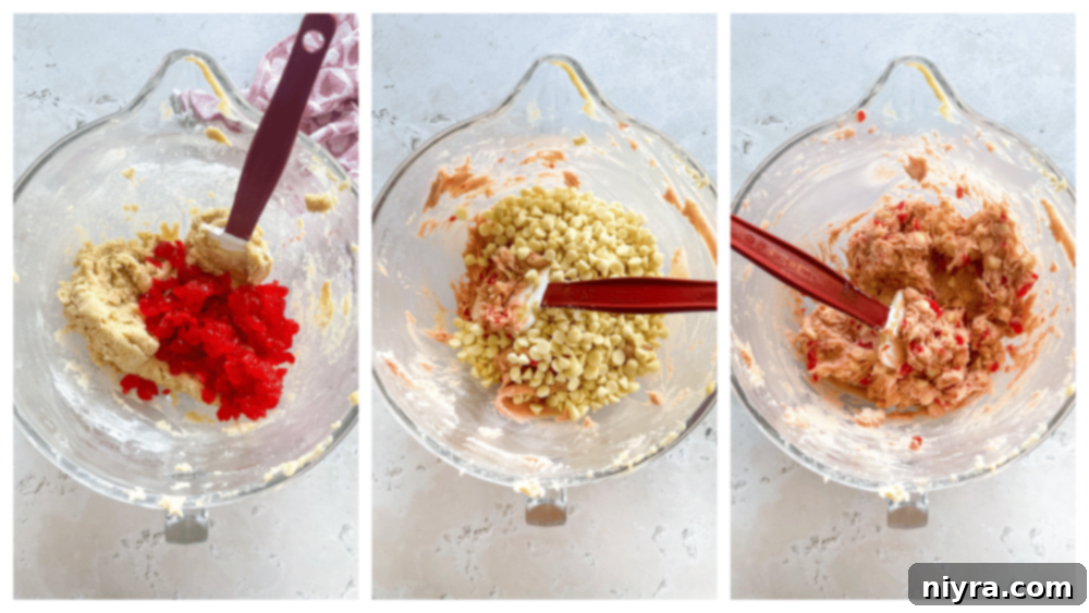 Sweet Cherry White Chocolate Delights 10 Adding white chocolate chips and chopped Maraschino cherries to cookie dough in a bowl