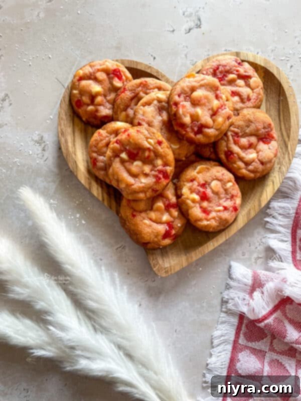 Sweet Cherry White Chocolate Delights 13 Many White Chocolate Cherry Cookies arranged beautifully on a plate for sharing