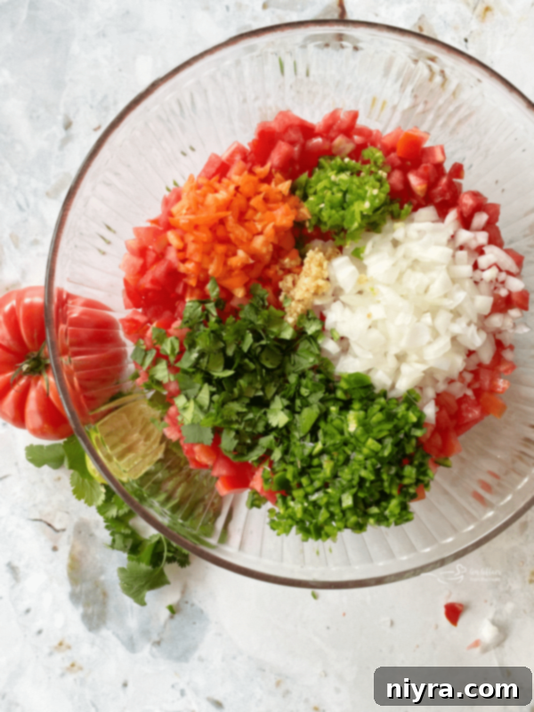 Fresh Tomato Salsa 5 All ingredients laid out on a cutting board, ready for chopping to make Pico de Gallo.
