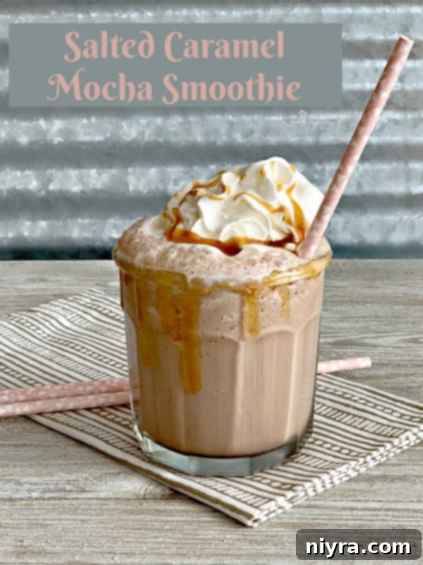 Salted Caramel Mocha Blended 7 A beautifully prepared Salted Caramel Mocha Smoothie in a glass with a caramel drizzle