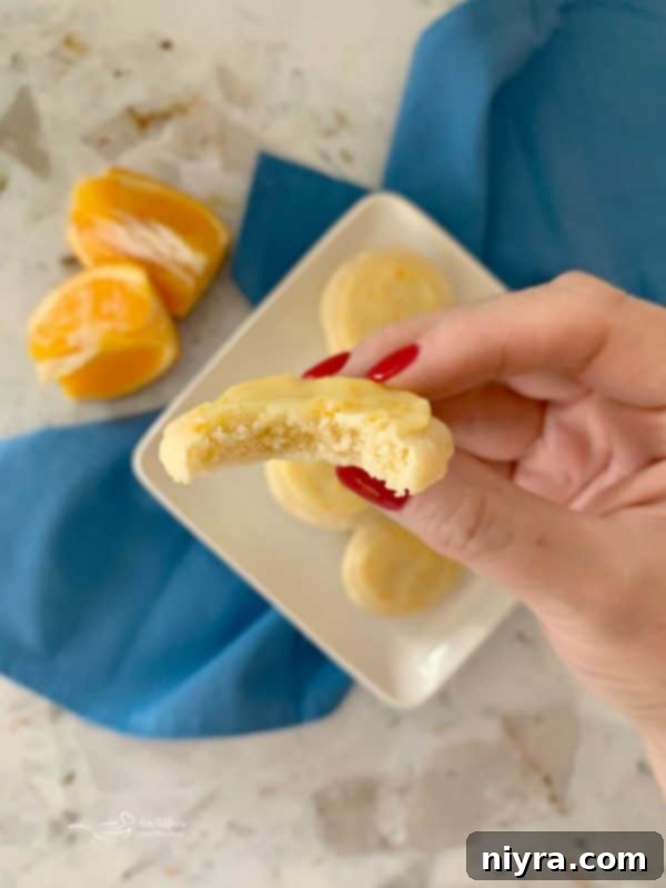 A single Orange Meltaway Cookie with a bite taken out, showing the soft interior