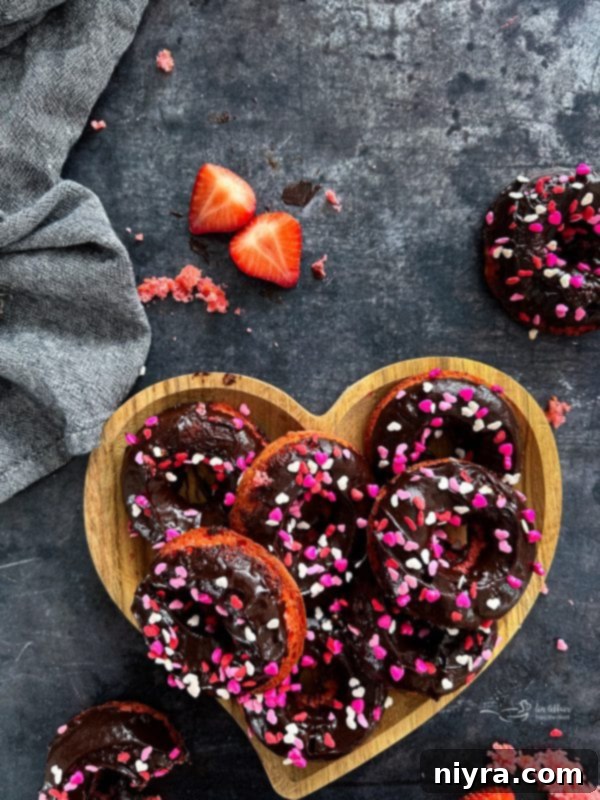 Several baked chocolate covered strawberry donuts on a white tiered stand, showcasing their beautiful sprinkles.