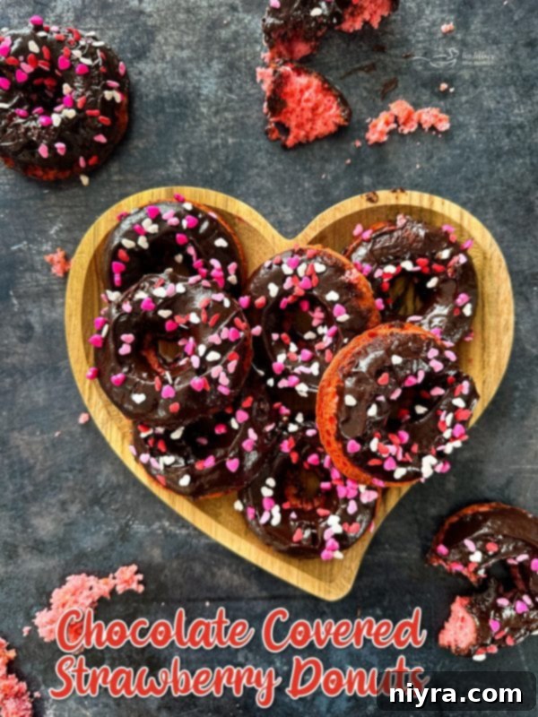 A festive platter of chocolate covered strawberry donuts, elegantly presented.