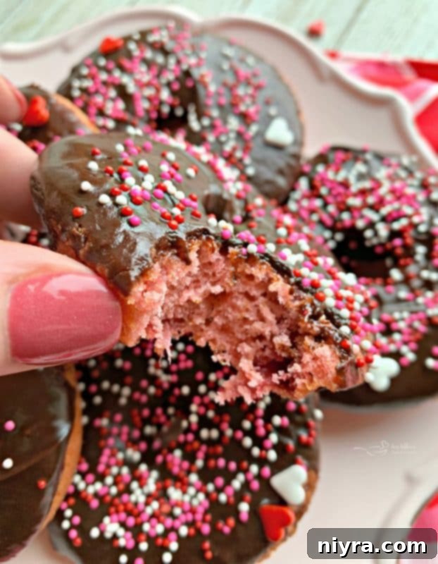 A close-up of a single baked chocolate covered strawberry donut, showing the texture and sprinkles.