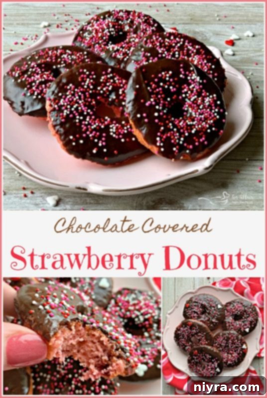 Several baked chocolate covered strawberry donuts displayed beautifully on a white platter.