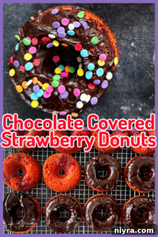 A vibrant display of baked chocolate covered strawberry donuts, ready to be enjoyed.