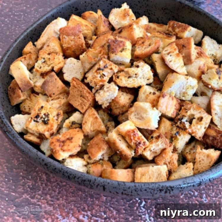 Homemade Croutons made from day-old bread, in a bowl.