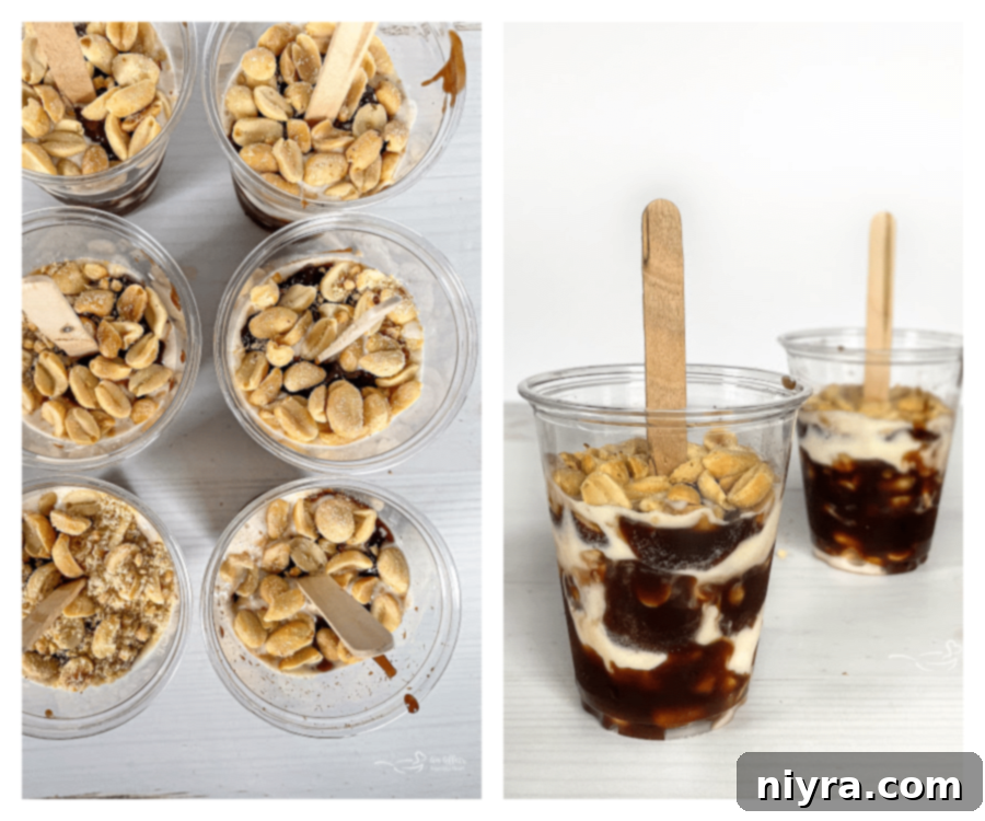 Process shots showing how to layer more hot fudge, peanuts, and ice cream for Buster Bars.