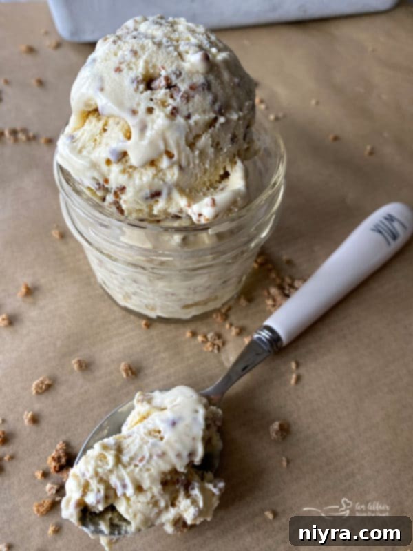 A scoop of creamy Grape Nut Ice Cream in a bowl, showcasing its unique texture.