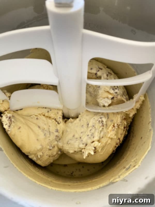 Homemade Grape Nut Ice Cream churning in an ice cream maker.