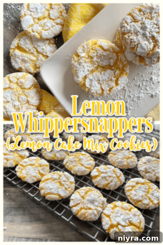 Lemon Whippersnapper Crinkle Cookies on a plate with text overlay