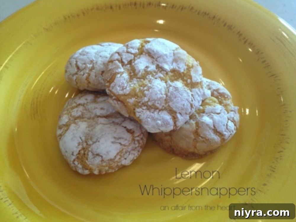 Lemon Whippersnappers cookies on a yellow plate with text "Lemon Whippersnappers"