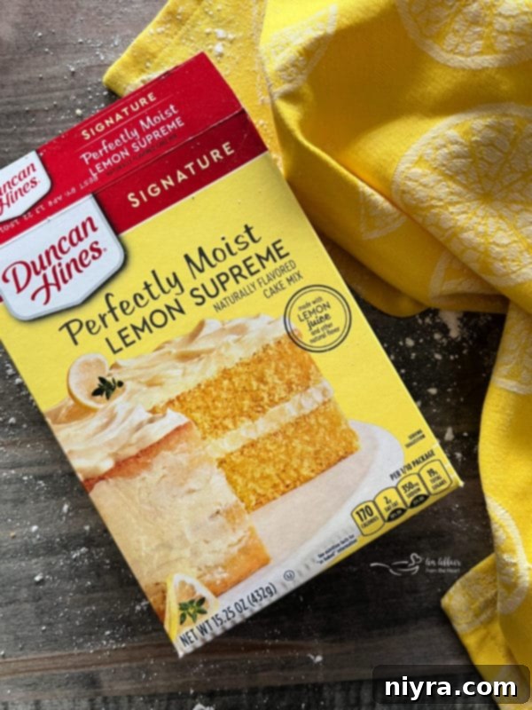 A box of lemon cake mix, a key ingredient for Lemon Whippersnappers