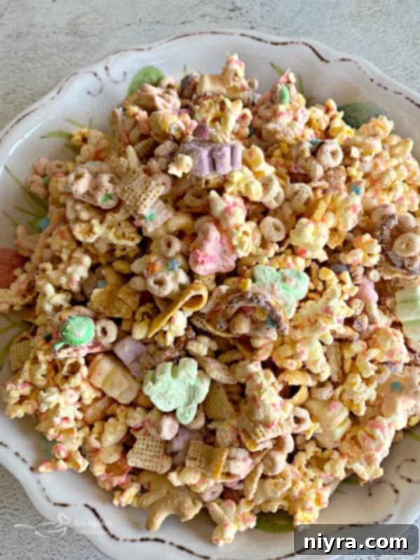 Sweet Springtime Medley 2 Close-up of vibrant Spring Candy Coated Snack Mix, showcasing colorful candies and coated pretzels.