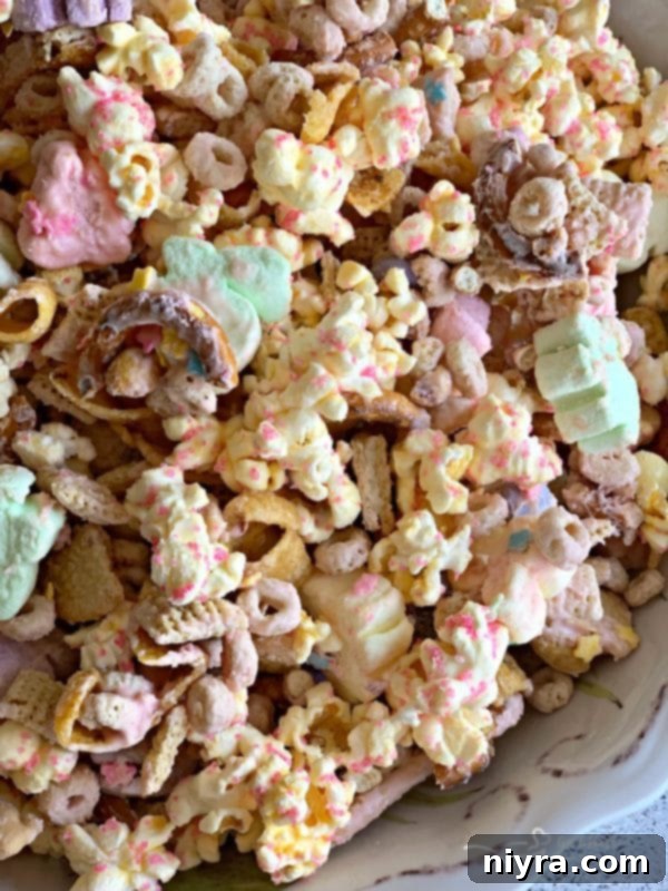 Sweet Springtime Medley 10 Finished Spring Candy Coated Snack Mix in a decorative bowl, ready to be served.