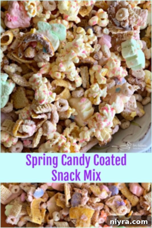 Sweet Springtime Medley 3 Assortment of ingredients for Spring Candy Coated Snack Mix spread out on a tray.