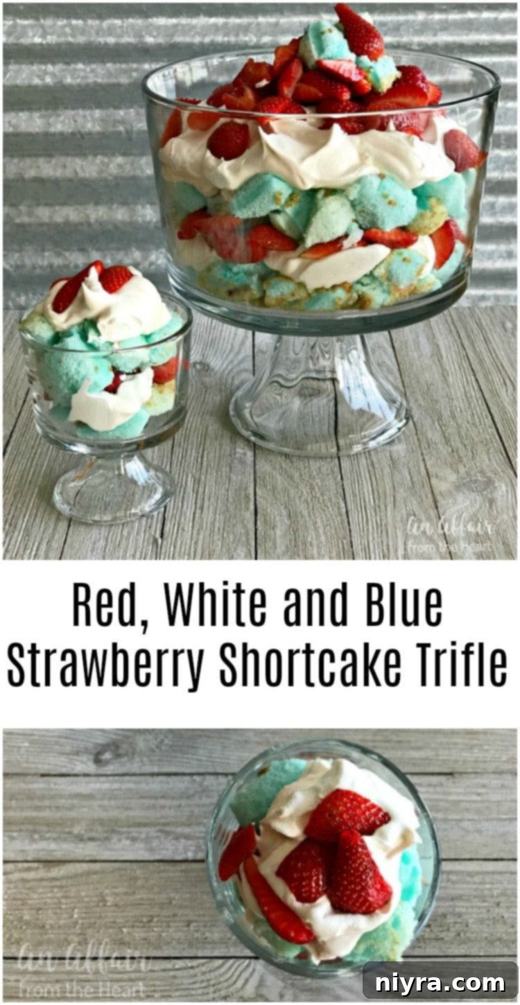 Close-up of patriotic trifle showcasing blue cake, white whipped topping, and red strawberries