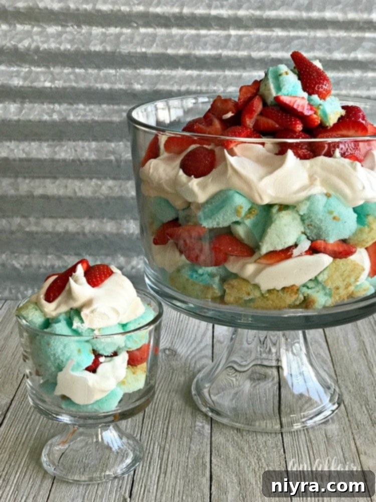Close-up of layers in Red, White and Blue Strawberry Shortcake Trifle