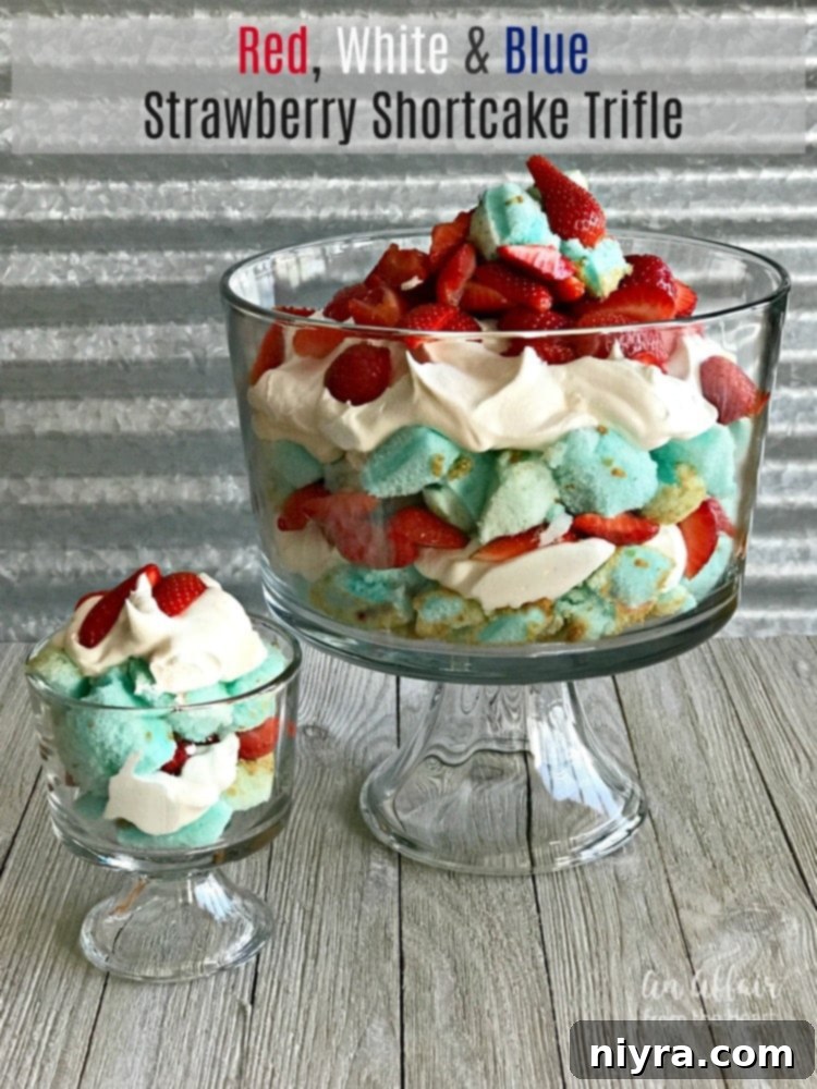 Overhead view of a stunning Red, White and Blue Strawberry Shortcake Trifle