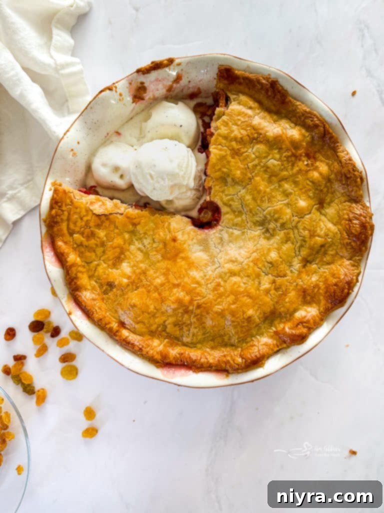 Old-Fashioned Rhubarb Pie 11 Freshly baked Rhubarb Raisin Pie cooling on a rack