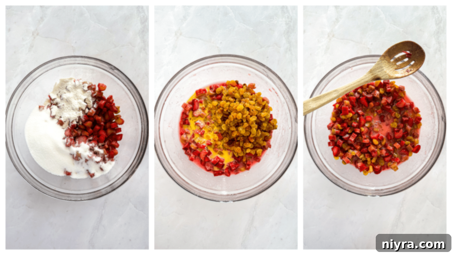 Old-Fashioned Rhubarb Pie 7 Initial steps of making Rhubarb Raisin Pie, showing crust and filling