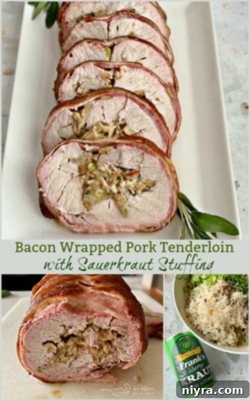 Beautifully prepared Bacon Wrapped Pork Loin with Sauerkraut Stuffing, a delightful main course.