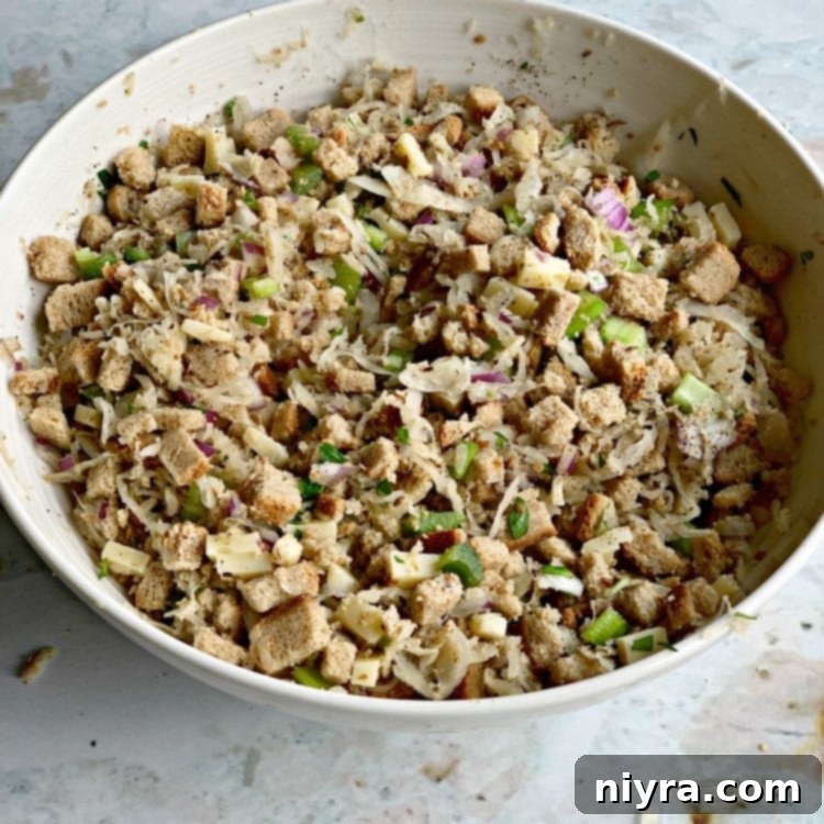 Bowl of freshly mixed Bacon Wrapped Pork Loin stuffing.