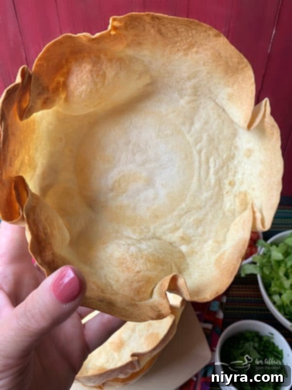Close-up of a perfectly air-fried taco salad bowl