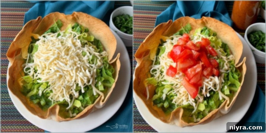 Close-up of Dorothy's Taco Salad ingredients, including seasoned ground beef and chopped vegetables.