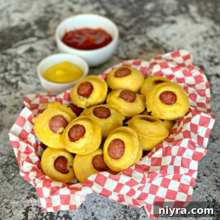 Close-up of golden brown Corn Dog Mini Muffins in a mini muffin tin