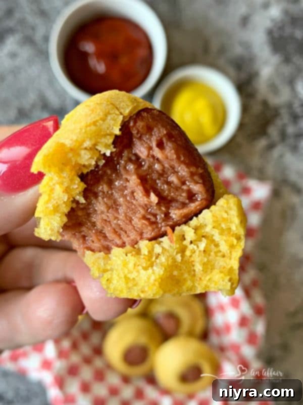 A Corn Dog Mini Muffin with a bite taken out, showing the hot dog inside