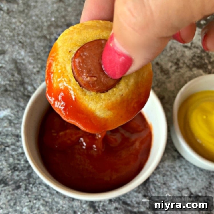 Corn Dog Mini Muffins dipped in bright red ketchup, held by hands