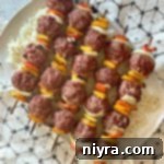 Overhead of Grilled Bratwurst & Kraut Meatball Kabobs