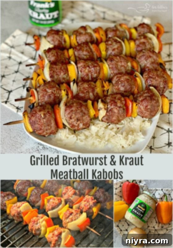 Delicious Grilled Bratwurst & Kraut Meatball Kabobs served over sauerkraut