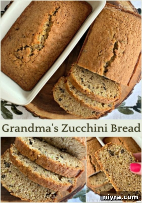 Close-up of a slice of Grandma's Zucchini Bread, showing its moist texture