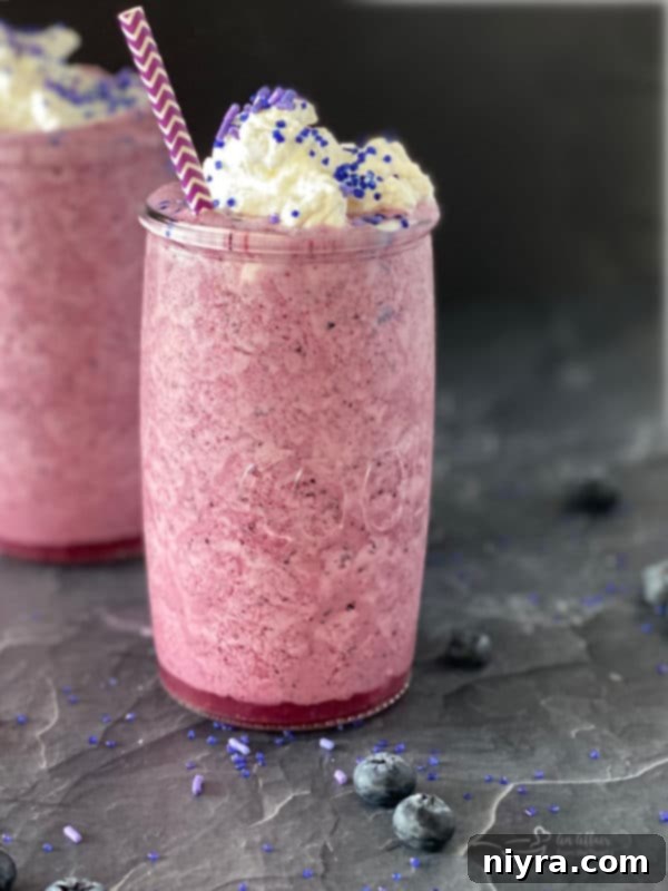 Front view of purple cow smoothie topped with ice cream and sprinkles – a perfect refreshing treat