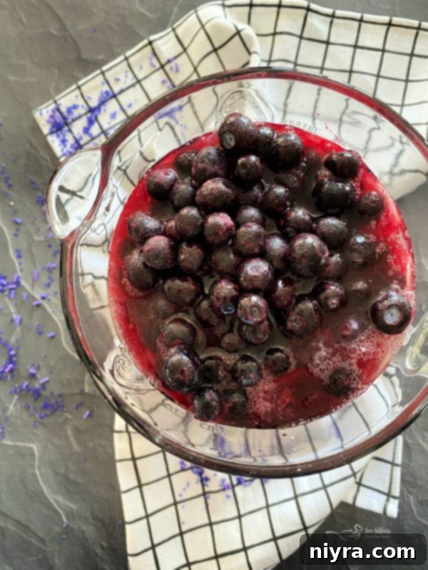 Blueberries and grape juice in blender – ready for blending