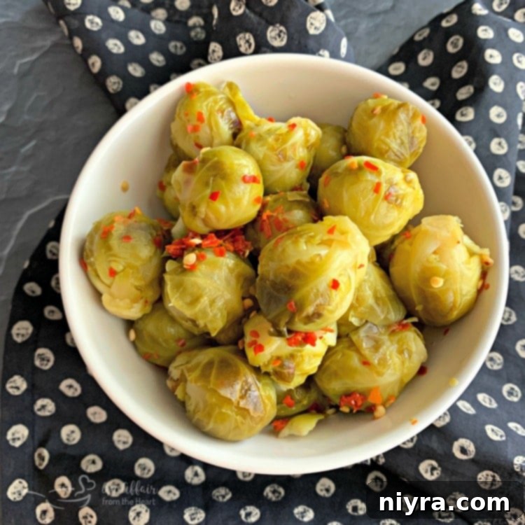 Paisley Farm Hot Brussels Sprouts in a bowl