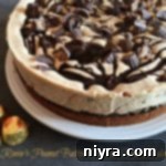 Overhead of Reese's Peanut Butter Cup Ice Cream Cake with text 'Reese's Peanut Butter Cup Ice Cream Cake'